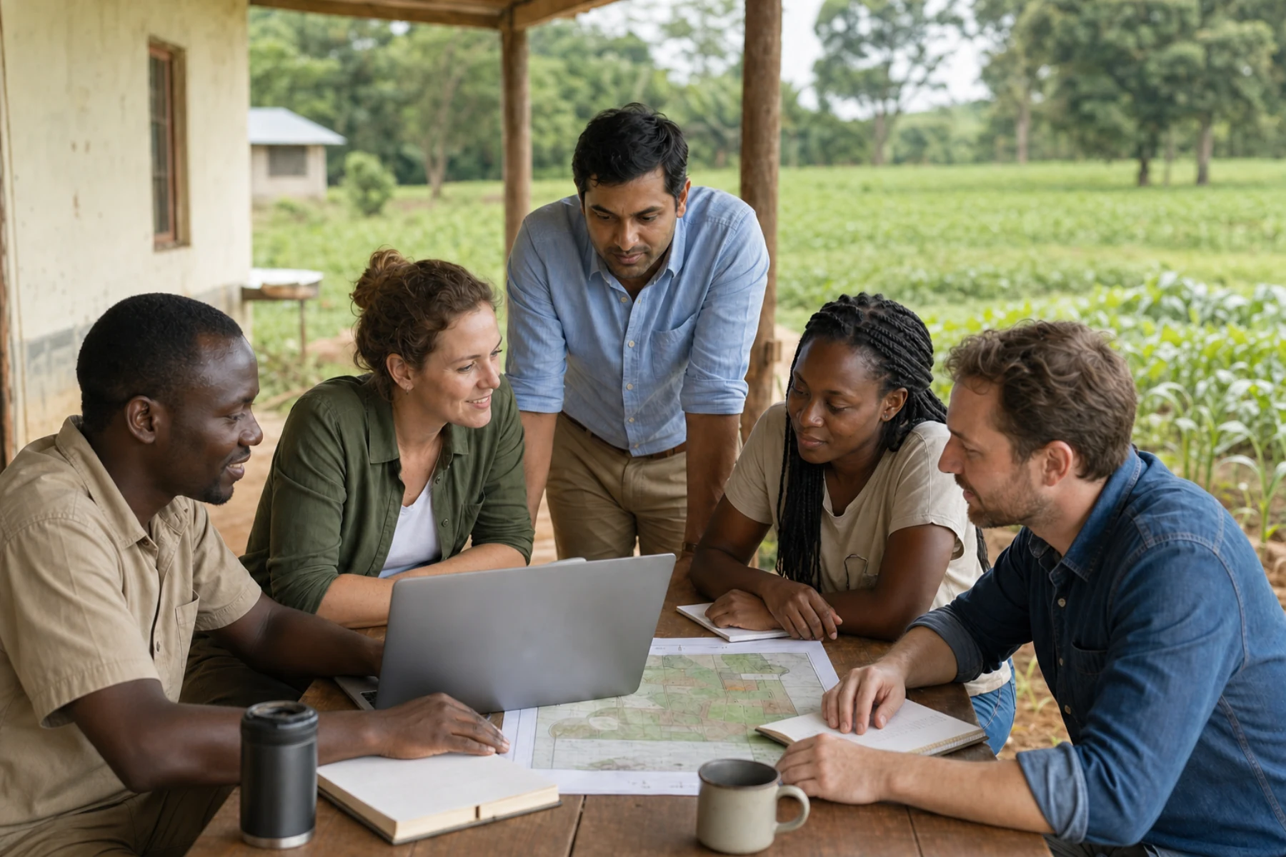 Illustrative group portrait of two African, two European, and one Indian specialist